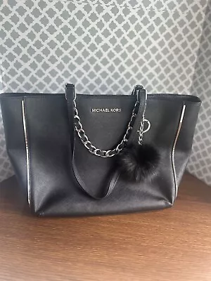 Michael Kors Jet Black Saffiano Silver Trim Harper Chain Tote W/Pom Keychain • $140