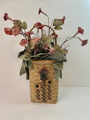 Vintage Artificisl Floral Arrangement Bouquit Wooden Woven Basket Hanging Basket • $15