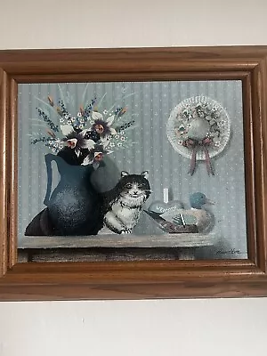 Vintage Framed Painted On Canvas Signed Hamilton TUXEDO CAT Oil Painting • $29.99