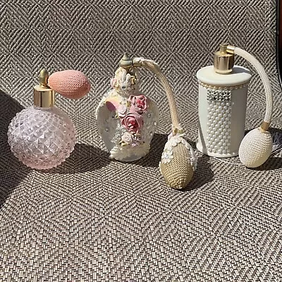 Vintage Perfume Bottles Atomizer Lace Glass Empty Lot Of 3 Vanity Dresser Decor • $21.25