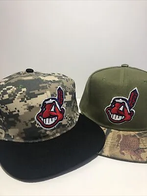 2 RARE Cleveland Indians Military Green Camo SnapBack Chief Wahoo Hat Lot Of 2 • $74.95