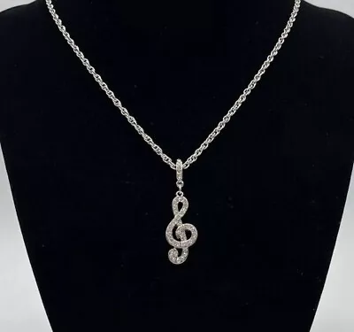 Treble Clef Music Note Pendant Necklace Silver Tone With Clear Rhinestones  • $10