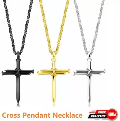 Mens Silver Black Gold Nail Cross Pendant Necklace Chain Stainless Steel Christ • $7.35