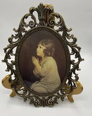 Vintage Praying Girl Print Oval Brass Metal  Ornate 13 1/8” Frame Convex Glass • $37.99