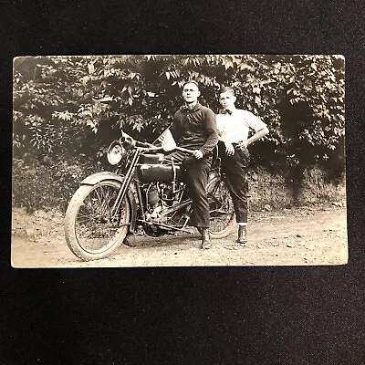 C 1914 RPPC Crisp Image Harley Davidson Motorcycle Handsome Men American Flags • $59.99