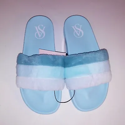 Victoria Secret Slides Sandals Blue Stripe Fur Fuzzy Slip On Open Toe New • $35.99