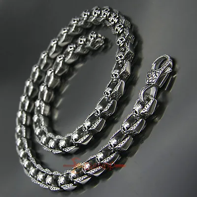 Men's Retro Skull Link Necklace Heavy Silver Stainless Steel Chain Biker Jewelry • $39.42