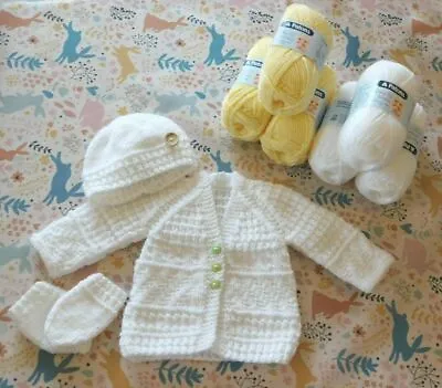 KNITTING KIT EASY Knit Your Own BABY Cardigan Hat & Mittens WOOL PATTERN Needles • £9.95