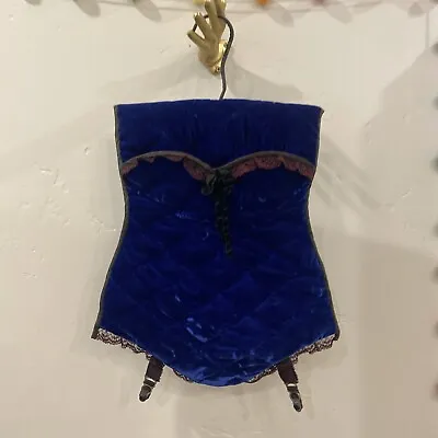 VINTAGE CLOTHES PIN BAG Quilted Blue Velvet Garter Lingerie Lace Laundry Hanger • $39.99
