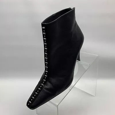 Zara Ankle Boots Black Leather Pointy Toe Stud Front Design Heel Size EU39 US8.5 • $39.95