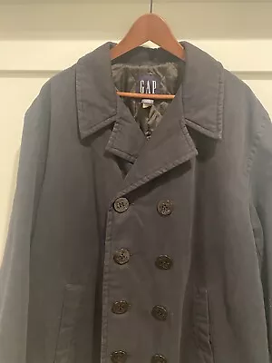 Vtg Gap Peacoat Men L Navy Blue Double Breasted Quilted Anchor Buttons Nautical • $46.99