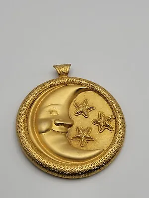 Vintage Gold Tone Satin Finish Crescent Moon Stars Large Medallion Pendant • $32