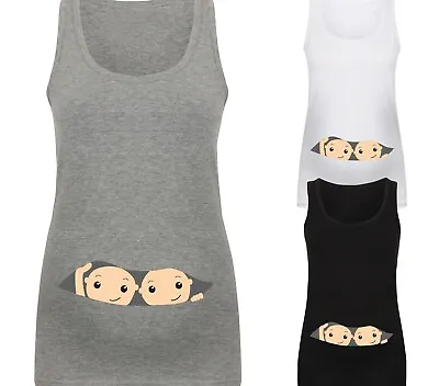 Womens Peeking Baby Twins Maternity Vest Pregnancy Tank Top Baby Shower Gift • £13.25