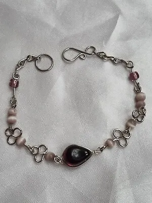 PERU Silver 7.5  Bracelet Chain PURPLE Murano Drop Charm Bead Gift Jewellery B23 • £2.99