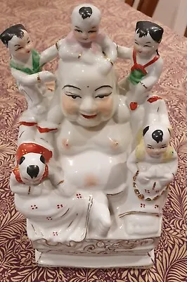 Lovely Vintage Porcelain Laughing Buddha With Children Large Figurine • £18.99
