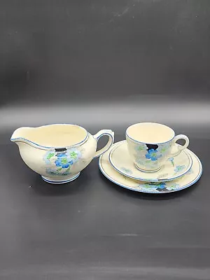 Vintage Crown Devon Fieldings Trio Cup Saucer Plate Jug Floral Blue England 1016 • $23.95