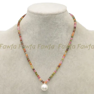 4mm Natural Multicolor Tourmaline 14mm Round White Shell Pearl Pendant Necklace • $5.38