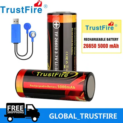  1/2/4Pcs Trustfire 26650 5000mAh 3.7V Lithium-ion Rechargeable Battery Flat Top • £9.99