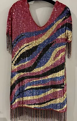 Vtg Pink Multi Colored Beaded Harlequin Style Dress Size M/L • $139.99