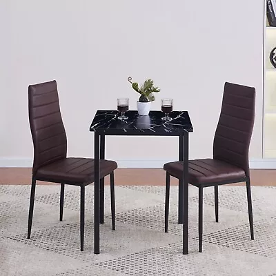 24  Black Marble MDF Top Dining Table&2pcs Brown Faux Leather Dining Chairs Set • $125.99