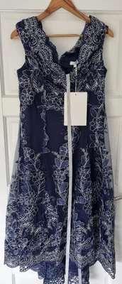 £34.99 • Buy Goddiva Embroidered Lace Midi Assymetric Hem Navy Silver- Size 16