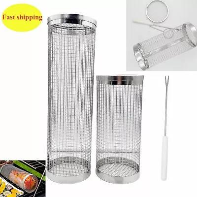 BBQ TOOL Grilling Basket Round Rolling Grill Rack Mesh Cylinder Free&Fast Ship! • $11.40