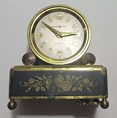 Vintage Reuge Swiss Mechanical Alarm Clock Music Box Black Gold W Box 1950s-60s • $140