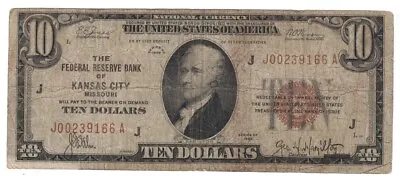 U.S. (Kansas City MO) - Series Of 1929 $10.00 National Currency Banknote • $62