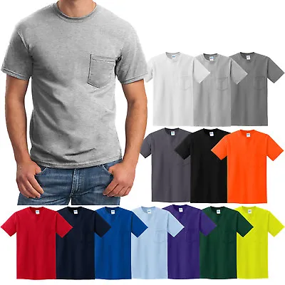 MENS Pocket T-Shirt Gildan 100% Cotton PRESHRUNK Tee Sizes S M L XL NEW • $16.25