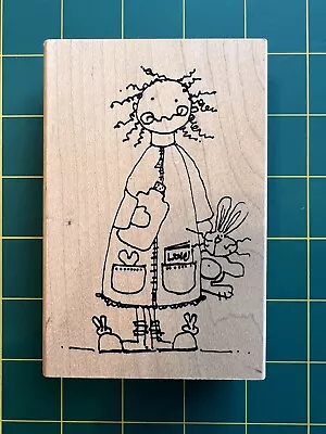Imaginations Country Folk Art Sketch Girl Bunny Rabbit Love Hearts Rubber Stamp • $4.95