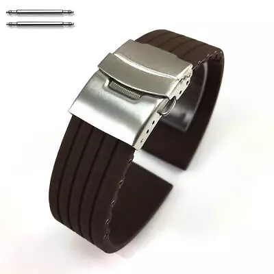 Brown Rubber Silicone Watch Band Strap Double Locking Steel Buckle Clasp #4017 • $11.95