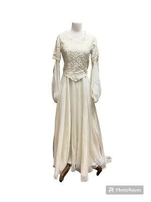 Vintage Handmade Wedding Dress Crochet Ivory Modest Train Chiffon Lined XS/S/4?? • $89.99