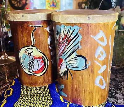 Vintage Spirit Island Vibe Calypso Dayo Tiki Bamboo Leather Top Hand Drums Set 2 • $14.40