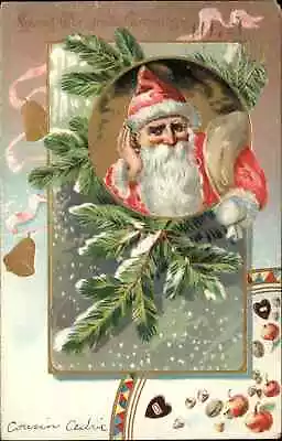 $8.29 • Buy Christmas Santa Claus Pine And Apples Border C1910 Vintage Postcard