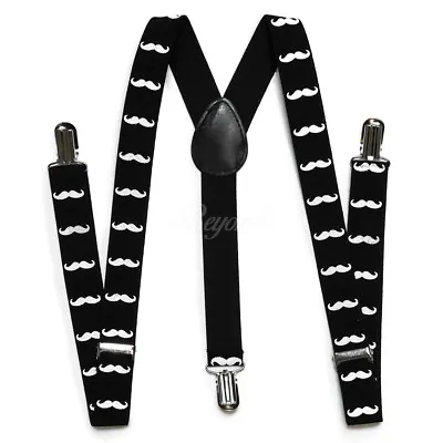 1X Black Mustache Clip-on 1  Suspenders Elastic Y-Shape Costume Tuxedo Prom • $7.99