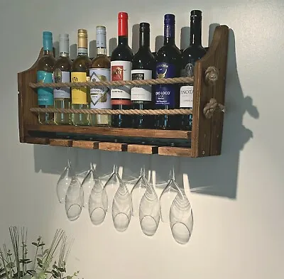 Wine Rack - Wall Mounted Handmade Rustic 5 Glass/8 Bottle Wine/Spirits Wine Rack • £48.99