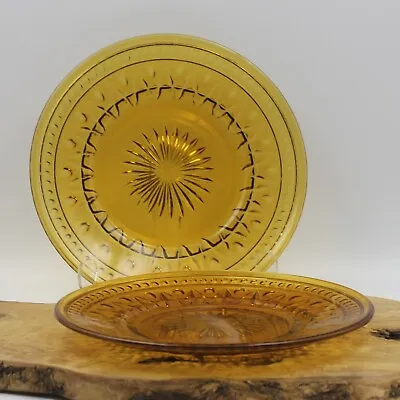 Vintage Amber Pressed Glass Plates Starburst Pattern - Set Of 2 - 8 1/2 Inches  • $15