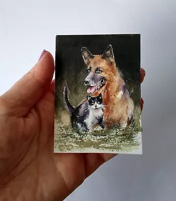 Original Not A Print ACEO Watercolour Miniature Signed. Dog & Cat .Collectable. • £8