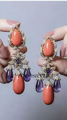 Glamourous Simulated Orange Coral Drop / Dangle Earrings 14K Yellow Gold Plated • $376.03