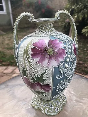 Vintage Mid 20th Century Floral Nippon Moriage Porcelain Double Handle Vase. • $175