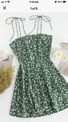 Women’s Zaful Green Ditsy Print Dress Size M 10 Tie Shoulders BNWT • £9.99