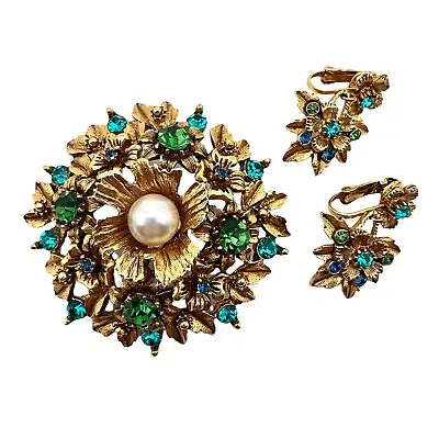 Vtg Florenza Gold Tone Blue Green Rhinestone Brooch Pin And Clip Earrings • $140.86