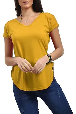 Womens Ladies Plain V Neck Curved Hem Turn Up Short Sleeve Jersey T Shirt Top • £4.59