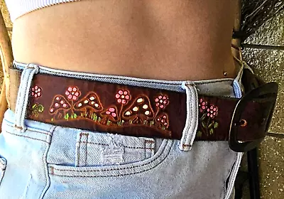 Vintage Tooled Leather Belt For KAREN Hippie Mushrooms & Flowers Hand Painted! • $58
