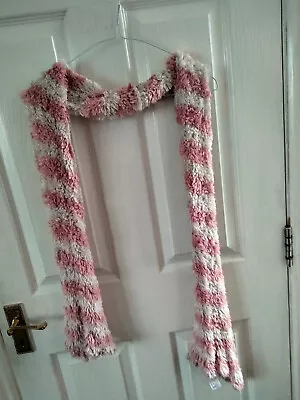 Magic Fluffy Soft Scarf Womens Pink White Striped Stretch Long 71 X 5 Inch • £5.99