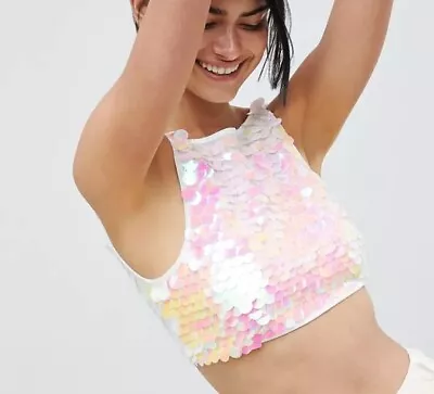 Motel White Tie Back Crop Top In Unicorn Holographic Big Sequin Crop Top SizeS • £1.99