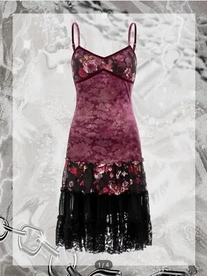 Shein Floral Pink Velvet & Black Lace Y2K Style Dress - Size S • $12.32
