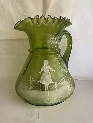 MARY GREGORY PITCHER Green Glass Jug RUFFLED RIM Wonderfully Shaped & Painted • $499