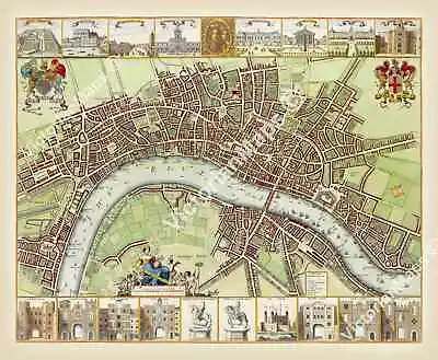 Antique 17th Century Mary Stuart LONDON Guide Map W Hollar 1688 Art Print Poster • £23.70