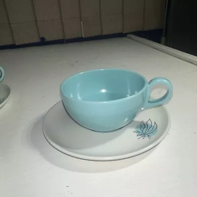 MCM Brookpark Fantasy Line Joan Luntz 6 Cups & 6 Saucers Turquoise Aqua Melmac • $45